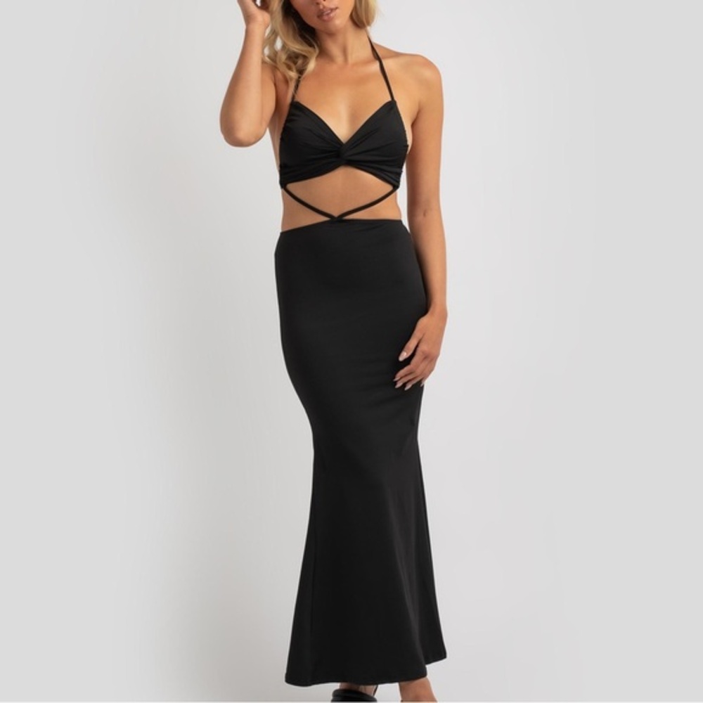 Criss Cross Tie Black Halter Cutout Maxi Dress